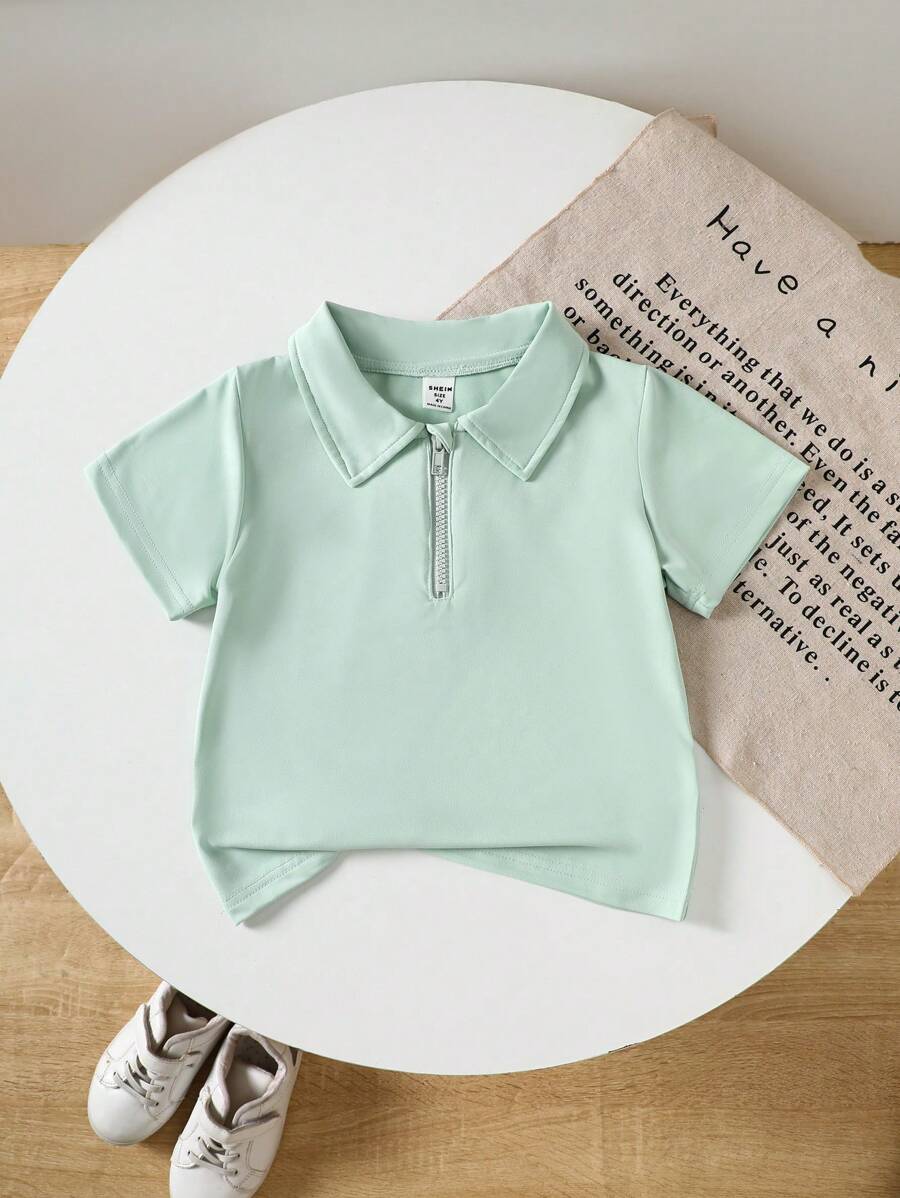 SHEIN Light Green Textured Young Boy Loose POLO Shirt - Green - View 1