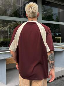 DAZY 男士字母印花圆领插肩短袖 T 恤，夏季 - 酒紅色 - 查看 2