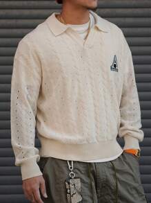 DAZY Men's Hollow Out Knitted Sweater, Turndown Collar Letter Embroidered, Spring Knitwear Top