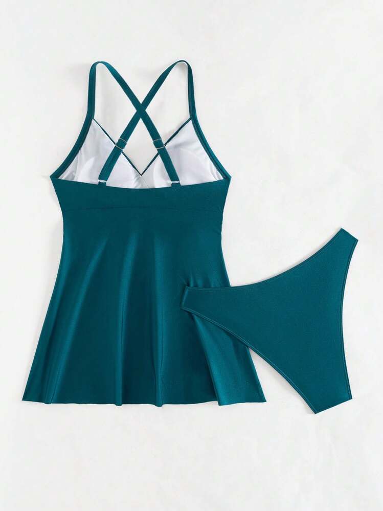Swim Lushoire 2pcs Women Summer Beach Vacation Solid Color Chest Twisted Open Slit Strap Crossover Tank Top & High Cut Tankini Bottom Swimwear Set - Teal Blue - View 6