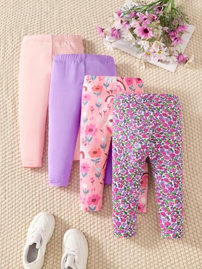 SHEIN Playful Pals 4 pares de leggings florales y de unicolor para niñas bebé, pantalones informales para todas las estaciones