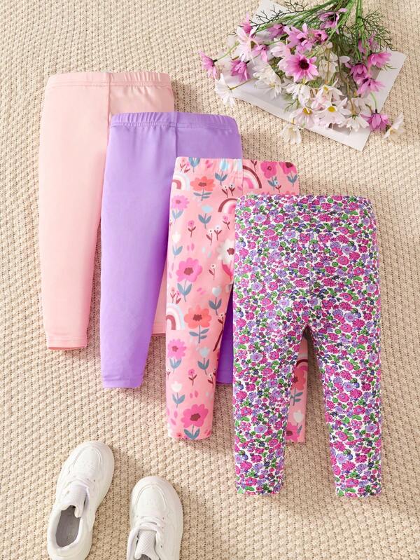 SHEIN Vintaside Kids 4 Pairs Baby Girls Floral & Solid Color Leggings, Casual Bottoms For All Seasons