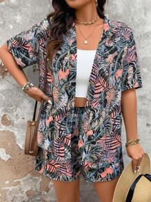 Breezaya Plus Size Women's Boho Vacation Print Top And Shorts Simple Casual Suit, Fashionable Everyday Wear, For Summer