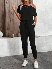 SHEIN LUNE 1 pieza Mono casual de mujer con hombros descubiertos, moda minimalista para uso diario