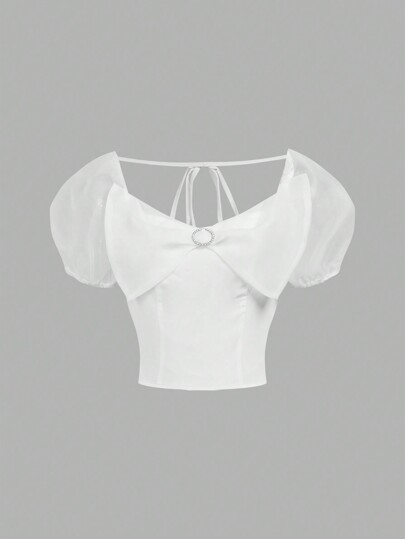 SHEIN Teen Girls' White Organza Puff Sleeve Crop Blouse, Elegant Cute Style, Suitable For Parties, Gatherings, Weddings, Outings, And Shopping
