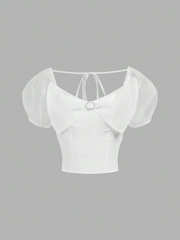 SHEIN Teen Girls' White Organza Puff Sleeve Crop Blouse, Elegant Cute Style, Suitable For Parties, Gatherings, Weddings, Outings, And Shopping