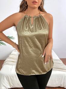 SHEIN Clasi Plus Size Fashionable Metal-Accent Halter Neck Blouse, Gold Top - Gold - View 3