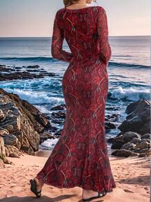 SHEIN VCAY 女式佩斯利复古印花 V 领长袖半透明连衣裙 - 紅色 - 查看 2