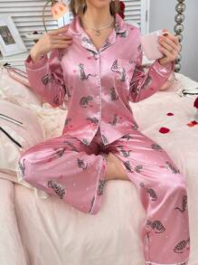 Valentine's Day Heart Cat Pattern Satin Lapel Women Pink Pajama Set - Multicolor - View 5