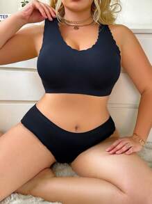 2 件套大码女式纯色无袖蕾丝边上衣和内衣套装 - 黑色 - 查看 6