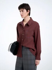 Aalyst Women's Long Sleeve Color Block Stitching Single-Breasted Shirt, Country Style - Brown - View 3