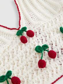 ROMWE Kawaii Vacation Sweetheart 3D Crochet Cute Cherry Shaping Halter Neck Knit Sweater For Women - White - View 3