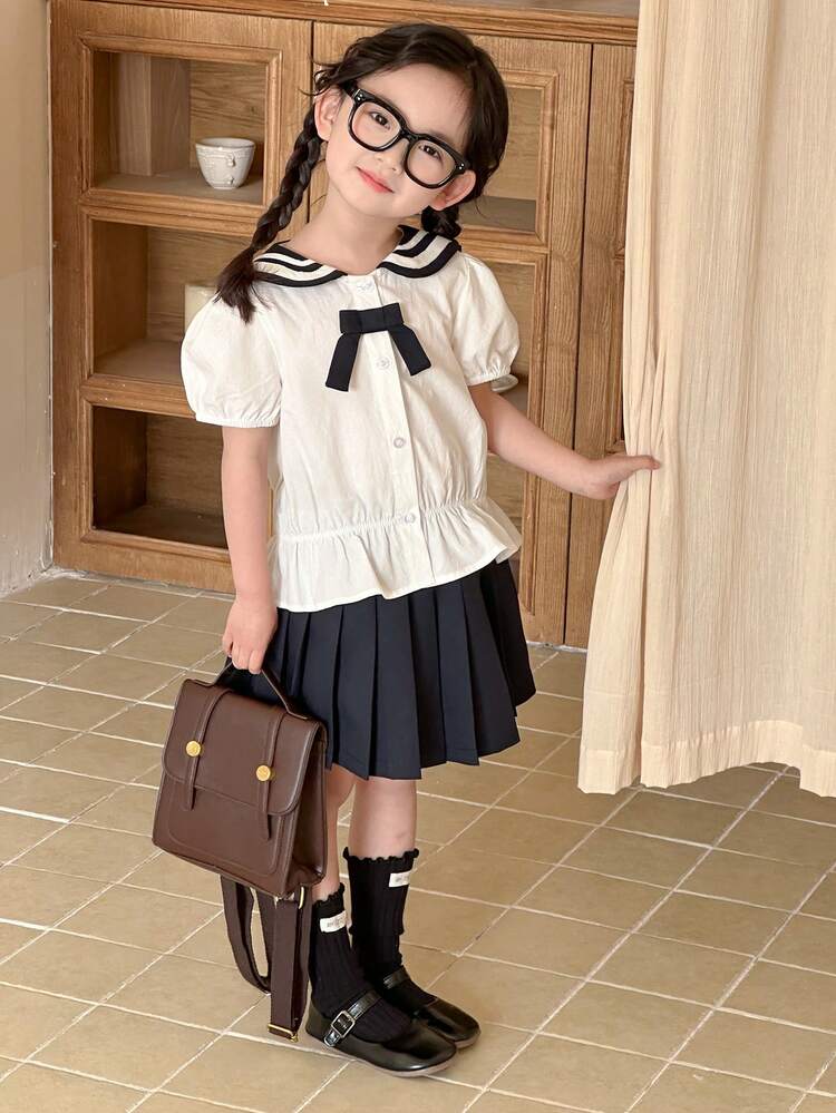 2pcs/Set Casual Young Girl Minimalist Short Sleeve Blouse And A-Line Skirt