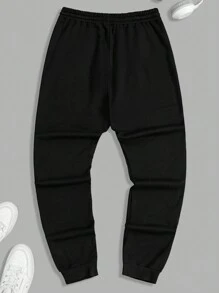 RueChic 男士棉质字母印花抽绳常规款运动裤 - 黑色 - 查看 2