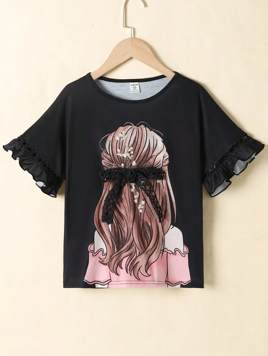 SHEIN Tween Girl Drop Shoulder Splice Floral Ruffle Graphic Short Sleeve Casual T-Shirt - Black - View 1