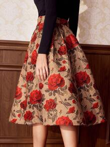 Vintamour 复古优雅女式提花印花宽松喇叭裙，红色情人节情人服装夏季女士服装 - 紅色 - 查看 2