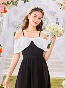 少女优雅露肩蝴蝶装饰吊带裙，少女礼服，春夏 - 黑色 - 查看 4