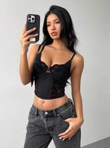 Aloruh 女士黑色性感吊带背心蕾丝拼接胸罩杯紧身鱼骨衬里背心 - 黑色 - 查看 3