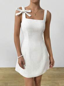 Chiquease Women's Boat Neck Waisted A-Line Linen Bow Slip Dress, Spring/Summer - Beige - View 4