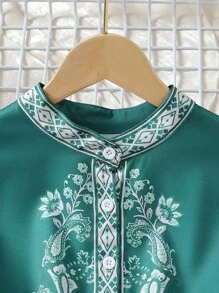 SHEIN Gaun Gaya Retro Istana Resor Warna Hijau Tua Elegan dan Mewah untuk Anak Perempuan Remaja - Hijau - View 3