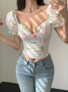 DAZY See-Through Mesh Lace Ditsy Floral Print Sexy Slim Fit Stitching Ladies Spring/Summer Top - White - View 12