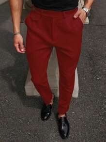 Manfinity Mode Pantalones casuales rectos de hombre con bolsillo y decorados con botones de un solo color - Burdeos - Ver 5