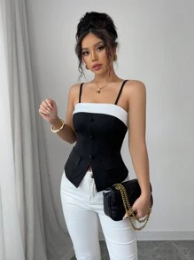 Franclia 休闲女式撞色纽扣背心 - 黑與白 - 查看 7