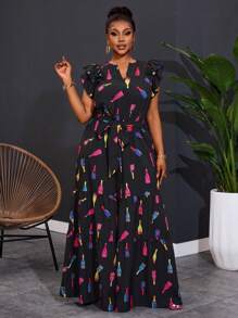 Slaydiva New 2025 Plus Size Women Casual & Holiday Fashion Cap Sleeve Wine Bottle Print Drawstring Jumpsuit Spring/Summer - Multicolor - View 5