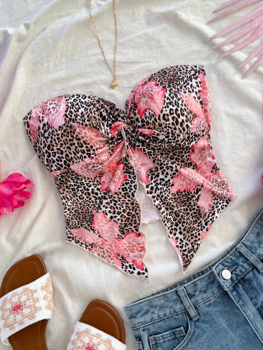 Soleia 女士花卉印花露肩前开衩下摆舒适衬衫，适合下午茶时间或秋冬季休闲穿着 - 棕色 - 查看 1