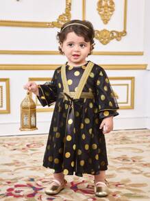 SHEIN Leap Crew Baby Girls Black Mesh Polka Dot Long Cardigan & Dress 2 Pieces Outfit Set, Spring/Summer - Black - View 6