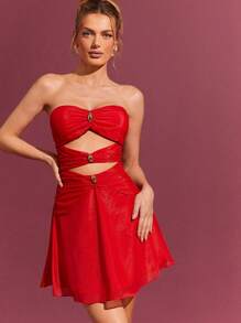 L'Amorae Cut Out Chiffon Strapless Sweetheart Fit And Flare Red Dress, Valentine's Day Dress