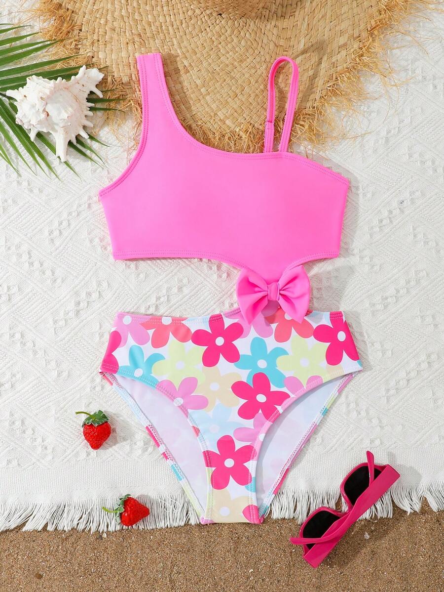 Tween Girl 纯色拼接蝴蝶结装饰可调节肩带连体泳衣，适合度假、海滩、游泳