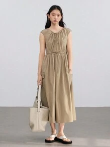 DAZY Women's Casual Elegant Minimalist Drawstring Waist Floral Decor Large Pocket Straight Long Midi Dress Summer Old Money Style Sundress - Khaki - View 6