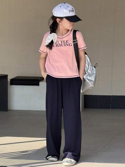 DAZY 2pcs Tween Girl Letter Print Short Sleeve T-Shirt And Pants Set,Back To School Clothes