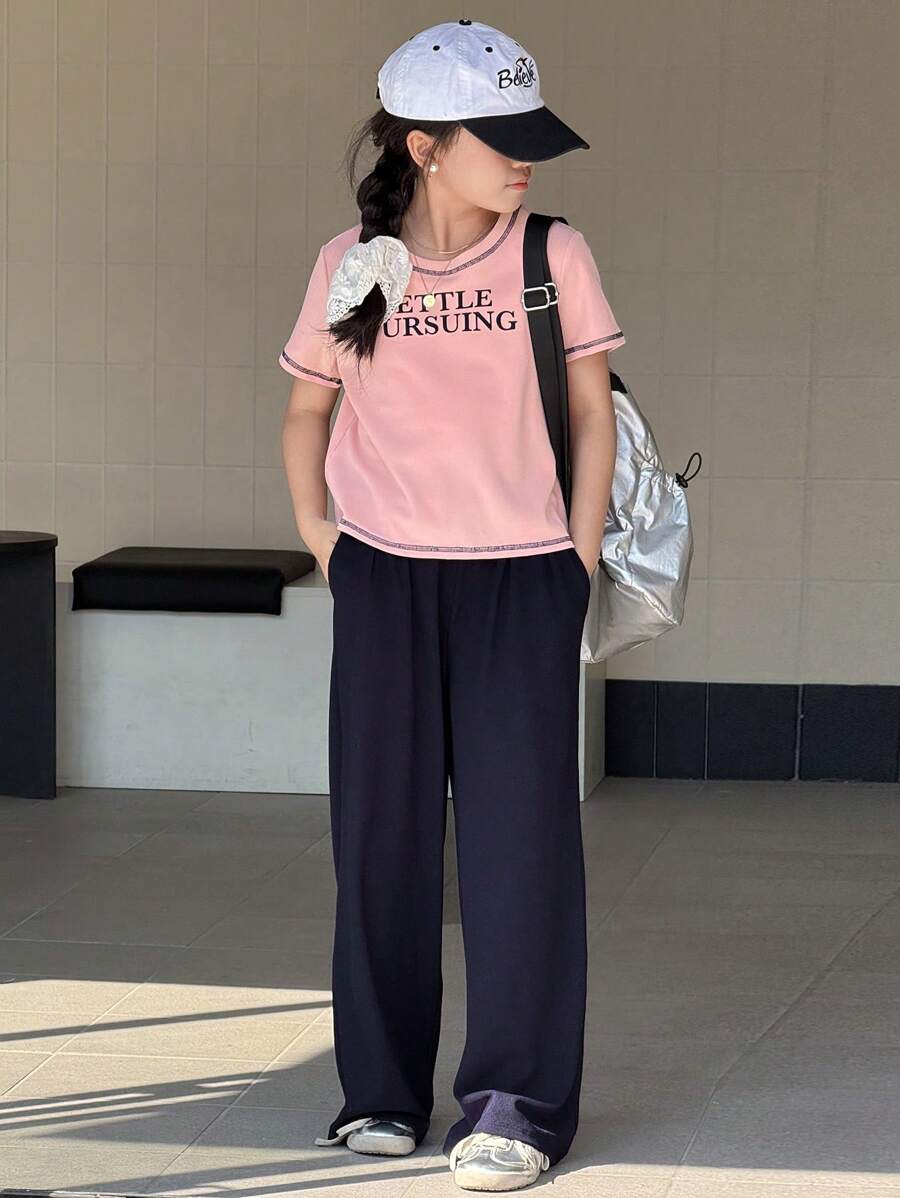 DAZY 2 件套青少年女孩字母印花短袖 T 恤和裤子套装，返校服装 - 粉色 - 查看 1