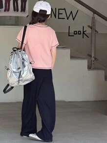 DAZY 2 件套青少年女孩字母印花短袖 T 恤和裤子套装，返校服装 - 粉色 - 查看 6