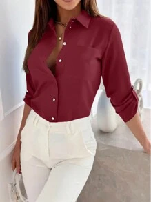 INAWLY 女士休闲纯色长袖袖口衬衫 - 紫色 - 查看 3