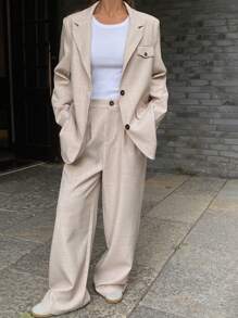 DAZY Relaxed Lapel Pocket Long Sleeve Blazer Jacket And Wide Leg Pants Spring Elegant Lady Suit Set,Fall Clothes Business Attire - Apricot - View 6