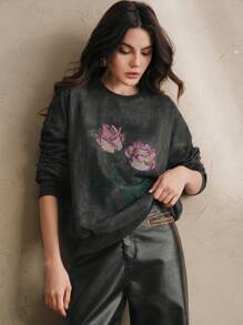 Anewsta Urban Chic Retro Round Neck Long Sleeve Sparkly Rose Rhinestone Embellished Sweatshirt, Spring & Autumn Pullover Fall - Dark Grey - View 3