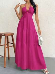 Firerie Vestido largo de mujer de gasa con cuello halter y espalda descubierta con lazo, para vacaciones, boda y eventos