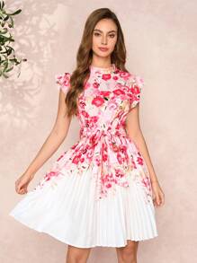 SHEIN Clasi Pink Romantic Floral Print Round Neck Cap Sleeve Tie Waist Pleated Hem Fitted Midi Dress For Women,Sun Dress Tea Party Dress Women Clothing Summer Summer Dresses For Women Summer Dresses For Women