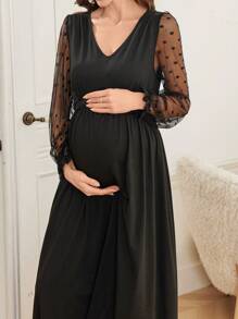 Moonlight&Mama Polka Dot & Mesh Patchwork See-Through Long Sleeve V-Neck Waisted Maternity Nightgown - Black - View 1