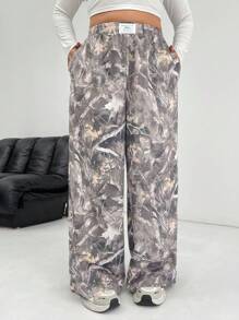SHEIN EZwear Pantalones largos casuales con estampado tejido para mujer de talla grande, minimalista y de moda para uso diario