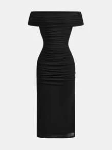 SHEIN Girlism 少女优雅露肩褶皱网眼紧身连衣裙、派对连衣裙 - 黑色 - 查看 6