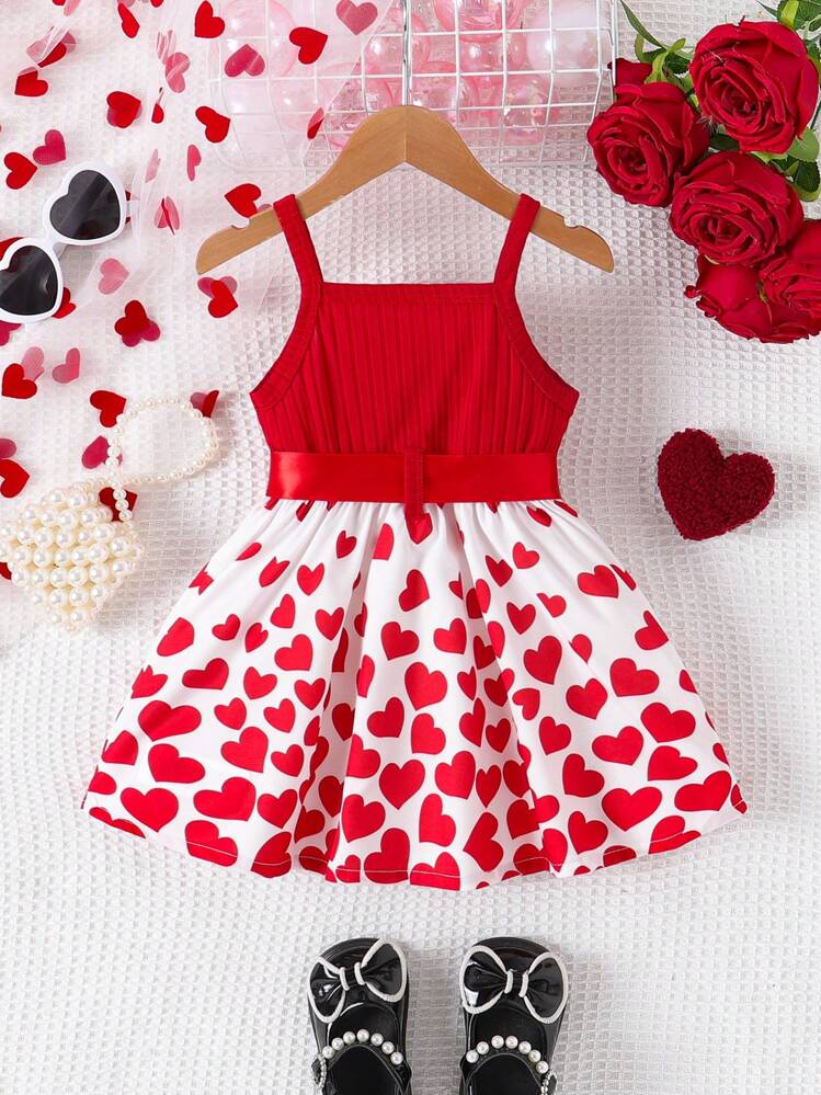 Elladie kids فستان صيفي للبنات الرضع مزين بنقشة قلوب ذو طبقات مفرغة بتصميم لطيف وحلو للموضة الصيفية - الأحمر - مشاهدة 2