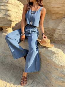 DAZY Western Style Seaside Holiday Casual Wear Retro Washed Women's Denim Vest Suit Y2k - Light Wash - View 7