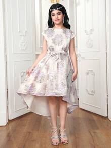 Elegant Floral Pattern Round Neck Loose Fit Dress For Teen Girls - Multicolor - View 4