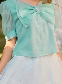 SHEIN Bộ trang phục 2 món cho bé gái tuổi mới lớn: Áo cánh organza tay bồng xếp nếp họa tiết hoa xanh lá cây và chân váy lưới trắng, trang phục thường ngày cho các chuyến đi chơi mùa xuân/hè và đến trường - Nhiều màu - Xem 4