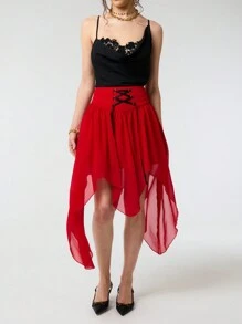 SHEIN Unity Jupe mi-longue rouge à taille haute avec volant et lacets contrastés en avant