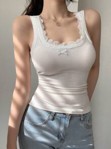 DAZY Casual Solid Color Lace Trim Bowknot Decor Tank Top